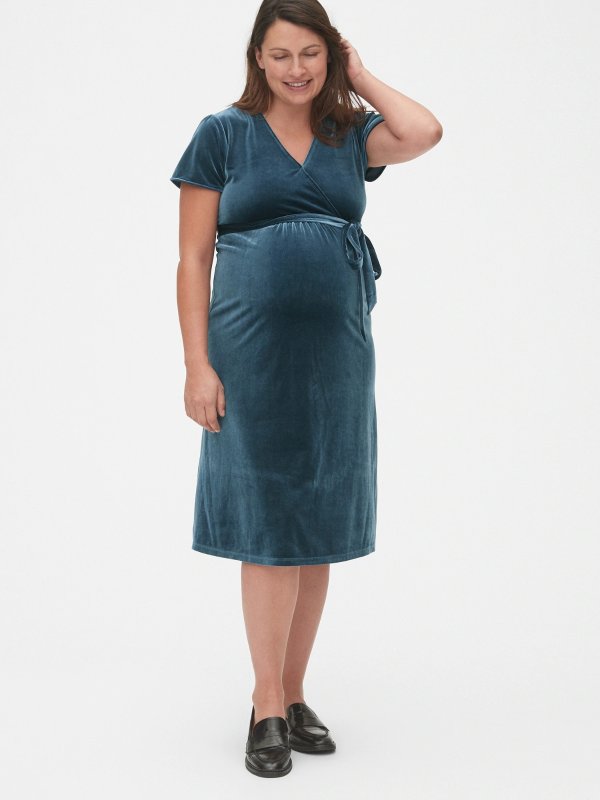 Maternity Velvet Faux-Wrap Dress