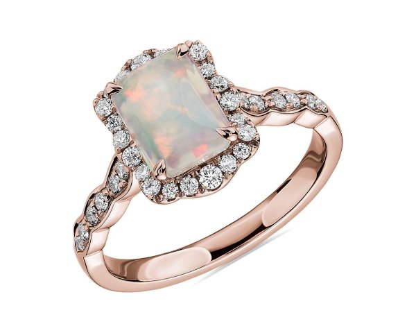 Emerald Cut Opal Ring with Diamond Halo in 14k Rose Gold