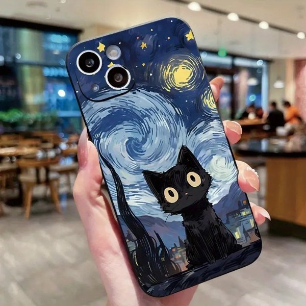 Cute Black Cat Blue Starry Sky 手机壳
