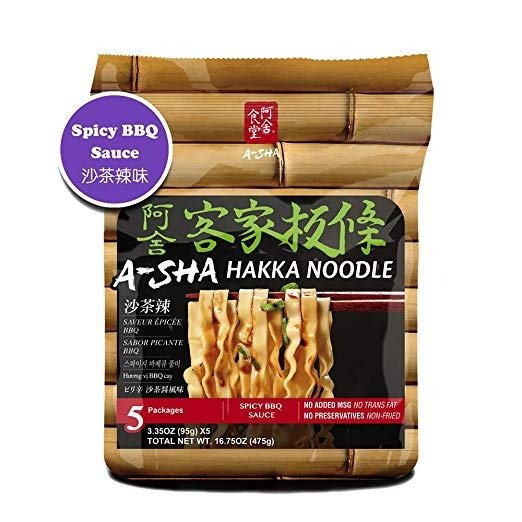 Asha Healthy Ramen Noodles, Wide Size Hakka Flat Noodles, Spicy BBQ Sauce Flavor, 5 Pouches Per Servings, 3.35 Ounce (95 grams)