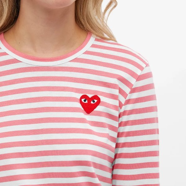 Women's Long Sleeve Red Heart Stripe TeePink