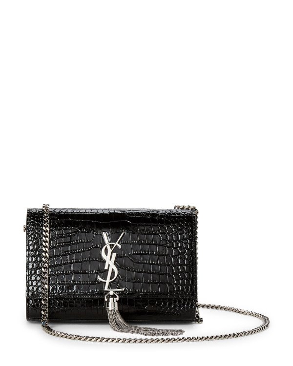 Black Croc-Embossed Kate Tassel Leather Crossbody