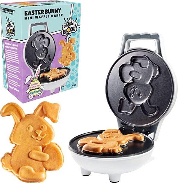 Easter Bunny Mini Waffle Maker - Make Holiday Breakfast Special for Kids & Adults w Cute Bunny Waffles or Pancakes- Individual 4 Inch Waffler Iron, Fun Easter Basket Stuffer or Egg Hunt Surprise Gift