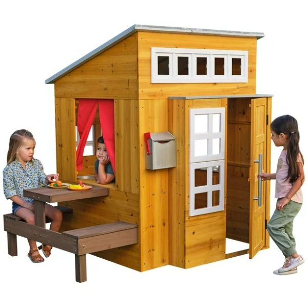 KidKraft Modern Outdoor Wooden Playhouse with Picnic Table, Mailbox & Grill