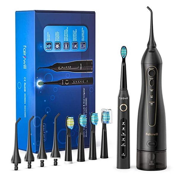 Water Flosser And Toothbrush Combo, Fairywill Teeth Cleaner Set, 4 Hours Charge for 30 Days Use, 5 Optional Modes and 4 Brush Heads Whitening Toothbrushes, 3 Modes and 4 Jet Tips Oral Irrigator