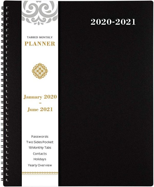 2020-2021 Monthly Planner - 18-Month Planner with Tabs & Pocket & Label, Contacts and Passwords, 8.5" x 11", Thick Paper, January 2020 - June 2021, Twin-Wire Binding - Black by Artfan