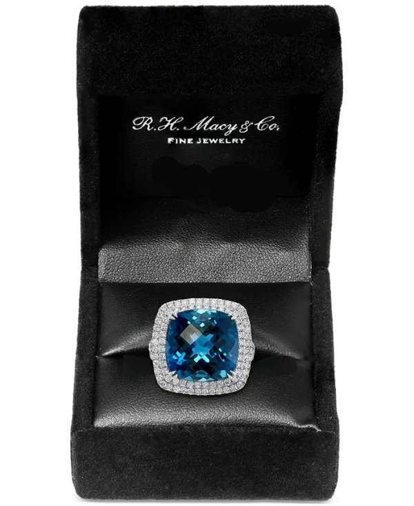 EFFY® London Blue Topaz (12-1/3 ct. t.w.) & Diamond (1-1/5 ct. t.w.) Halo Statement Ring in 14k White Gold