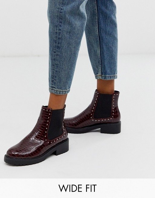 wide fit chunky flat chelsea boots in burgundy croc | ASOS