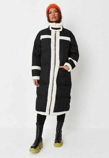 - Tall Black Borg Contrast Long Line Puffer Coat