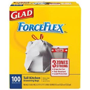 Glad Force Flex厨房垃圾袋, 13加仑容量， 100个/盒