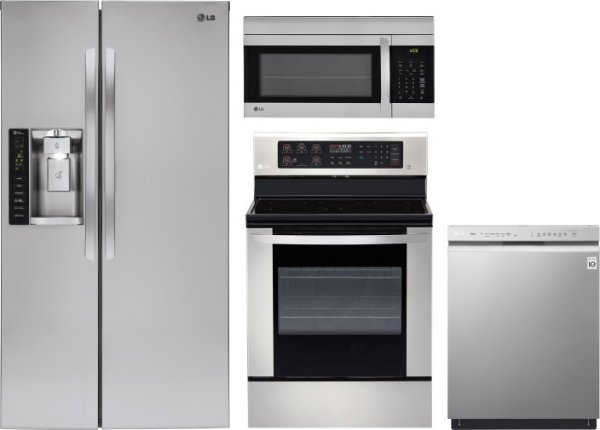 LG LGRERADWMW5038 4 Piece Kitchen Appliances Package with Side-by-Side Refrigerator, Electric Range, Dishwasher and Over the Range Microwave in Stainless Steel