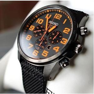 Seiko Sport Solar Black and Orange Dial Chronograph Men's Watch SE-SSC233