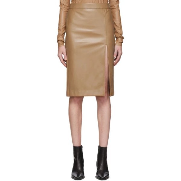 Beige Faux-Leather Front Slit Skirt