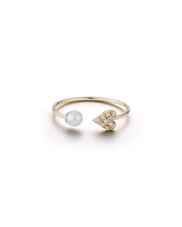 14k Pearl and Diamond Heart Cuff Ring, Size 6