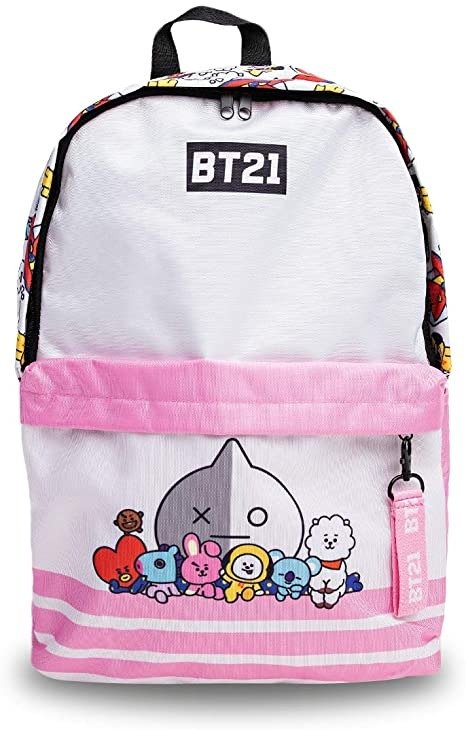 Character Artwork Lightweight Casual Student Nylon Backpack, White/Pink