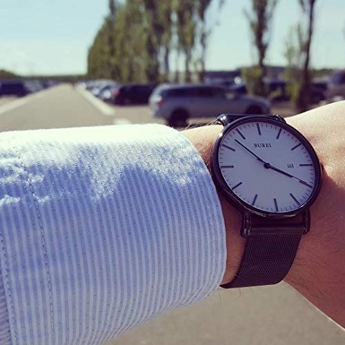 Men's Fashion Minimalist Wrist Watch Analog Date with Stainless Steel Mesh Band
