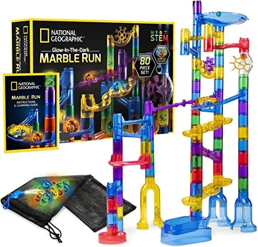 GEOGRAPHIC Glowing Marble Run – 80 Piece Construction Set with 15 Glow in the Dark Glass Marbles, Mesh Storage Bag & Marble Pouch, Great Creative Stem Toy for Girls & Boys