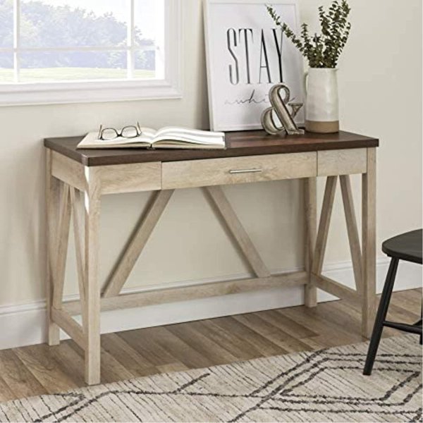 Rustic Farmhouse Wood Computer Writing Desk Home Office Workstation Small, 46 Inch, White Oak and Brown