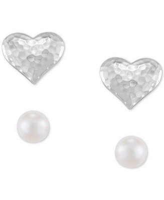 2-Pc. Set Cultured Freshwater Pearl (4mm) & Hammered Heart Stud Earrings in Sterling Silver