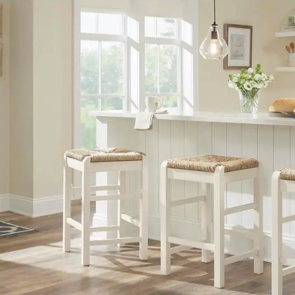 Dorsey Ivory Backless Wood Counter Stool with Woven Rush Seat