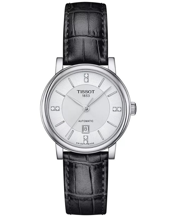 Women's Swiss Automatic Carson Premium Lady Diamond Accent Black Leather Strap Watch 30mm