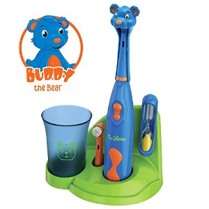 Brusheez Children's Electronic Toothbrush Set – Includes Battery-Powered Toothbrush, 2 Brush Heads, Cute Animal Head Cover, 2-Minute Sand Timer, Rinse Cup, and Storage Base