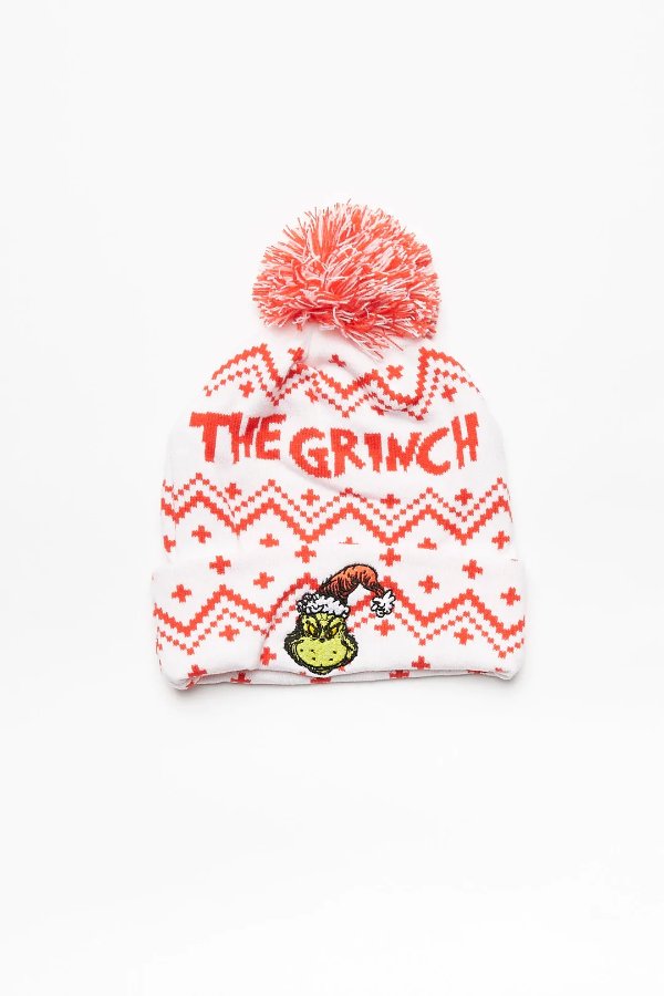 Holiday The Grinch Graphic Embroidered Cuffed Pompom Beanie