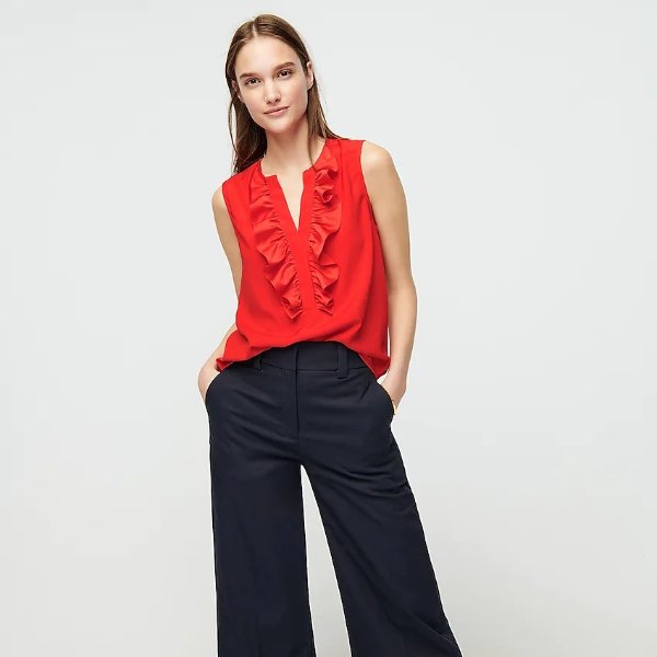 Ruffle-front top in satin crepe