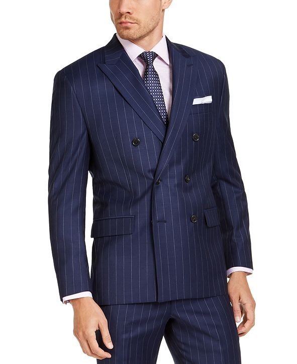 Men's Classic-Fit UltraFlex Stretch Navy Blue Stripe Double-Breasted Suit Jacket