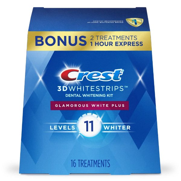 3D Whitestrips Glamorous White, Teeth Whitening Kit, 16 Treatments (32 Individual Strips) + 2 Bonus 1-Hour Express Treatments