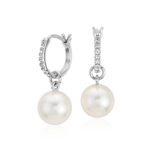 Freshwater Cultured Pearl and White Topaz Drop Hoop Earrings in Sterling Silver (9mm) | Blue Nile