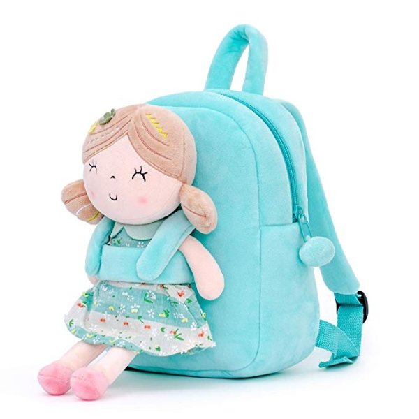 Kids Backpacks for Girls backpack Plush bags with Stuffed doll for Toddler baby Green 9 Inches