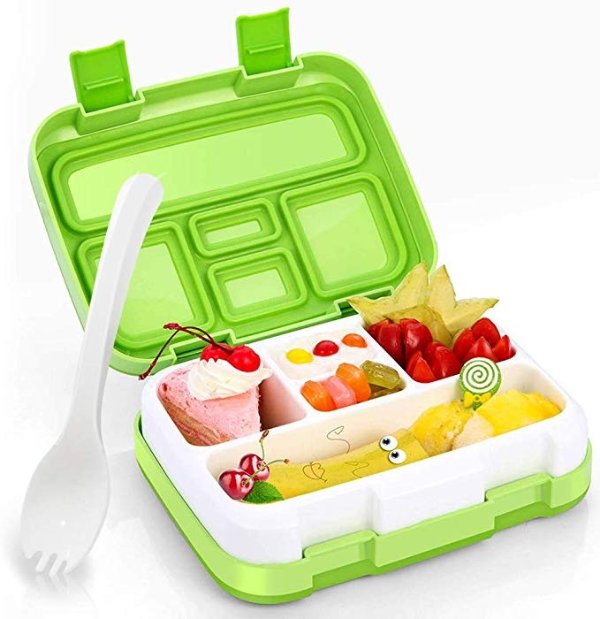 Kids Lunch Box, Hometall Lunch Box for Kids with Spoon, BPA-Free, Leakproof 5 Compartments Food Container Great for Picnics, Travel and More(Green)