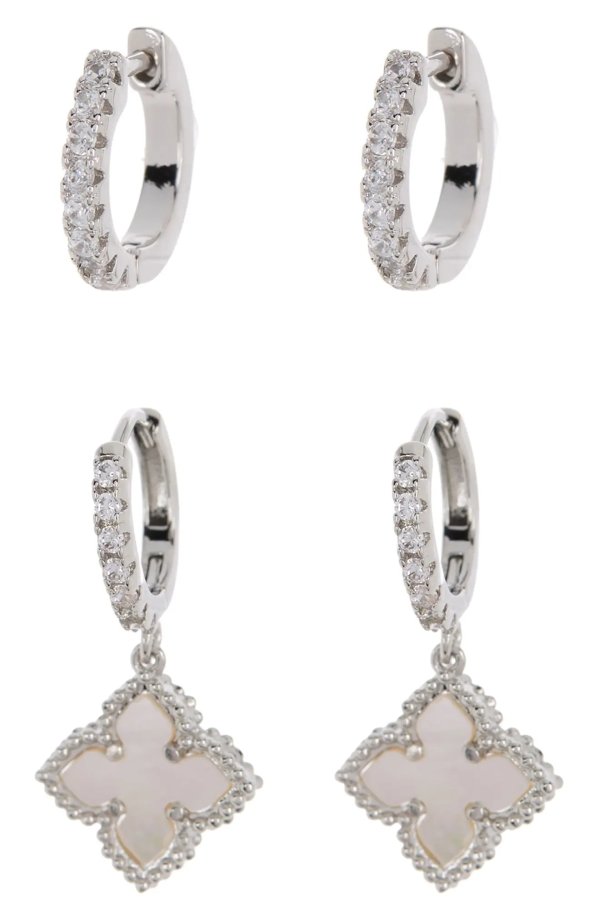 Set of 2 Swarovski Crystal Huggie & White Mother-of-Pearl Quatrefoil Huggie Drop Earrings