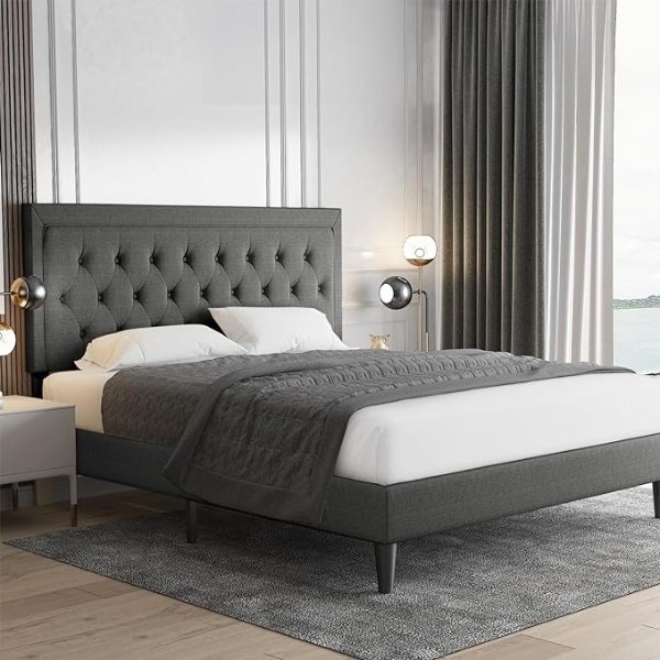 Queen Size Button Tufted Platform Bed Frame/Fabric Upholstered Bed Frame with Adjustable Headboard/Wood Slat Support/Mattress Foundation/Dark Grey (Queen)