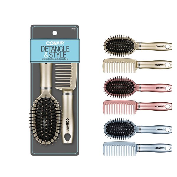 ® Detangle & Style 2-Piece Mid-Size Hair Brush and Comb Set Includes 1 Cushion Brush and 1 Wide-Tooth Comb (Colors Vary)
