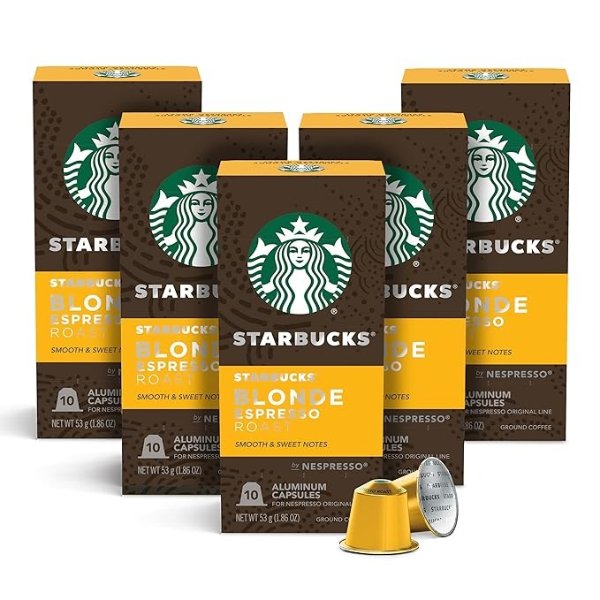 Starbucks by Nespresso Blonde Roast Espresso (10 Count (Pack of 5) single serve capsules, compatible with Nespresso Original Line System)