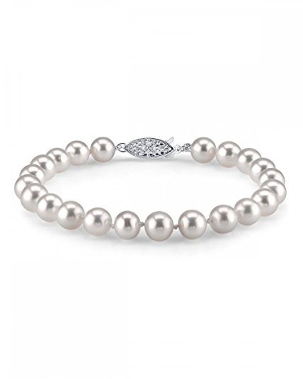 14K Gold 7-8mm AAA Quality White Freshwater Cultured Pearl Bracelet for Women