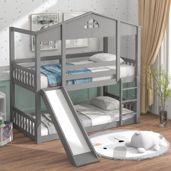 Twin House Bedroom Bunk Bed with Convertible Slide and Ladder, Gray