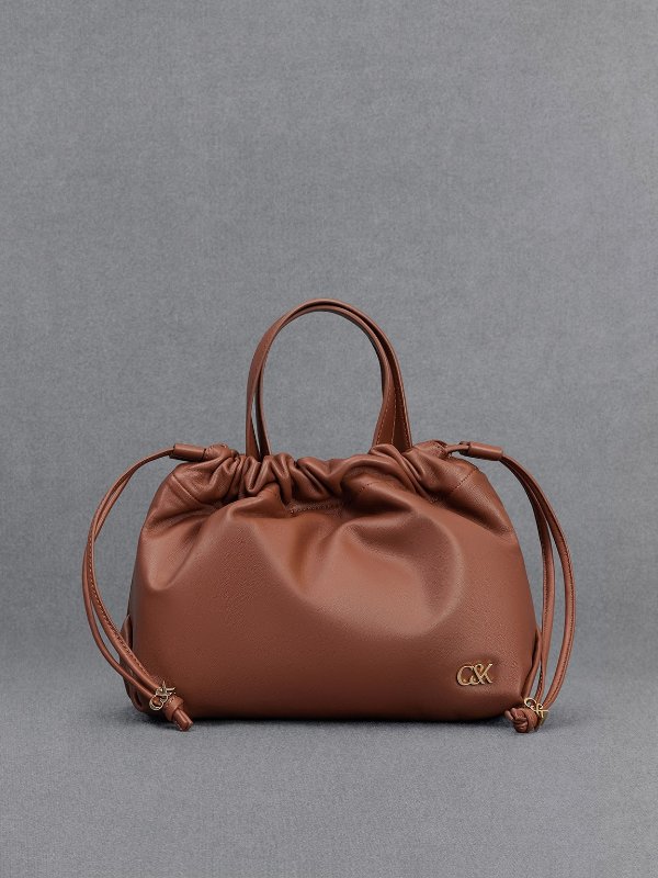 Leather Ruched Drawstring Bag - Cognac