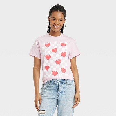 Women's Valentine's Day Check Short Sleeve Graphic T-Shirt - Light Pink