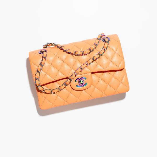 Small classic handbag, Shiny grained calfskin & rainbow metal, orange — Fashion | CHANEL
