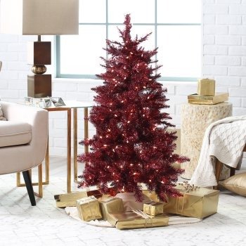 Sterling Tree Company 4 ft. Burgundy Tinsel Pre-Lit Medium Christmas Tree