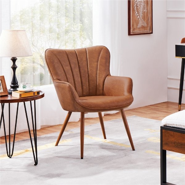 Modern Upholstered Faux Leather Accent Chair, Retro Brown
