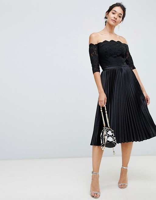 Chi Chi London lace top midi dress with pleated skirt in black at asos.com
