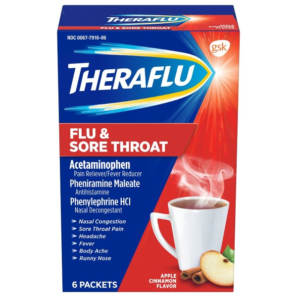 Flu & Sore Throat Powder, Apple Cinnamon Flavor, 6 Packets
