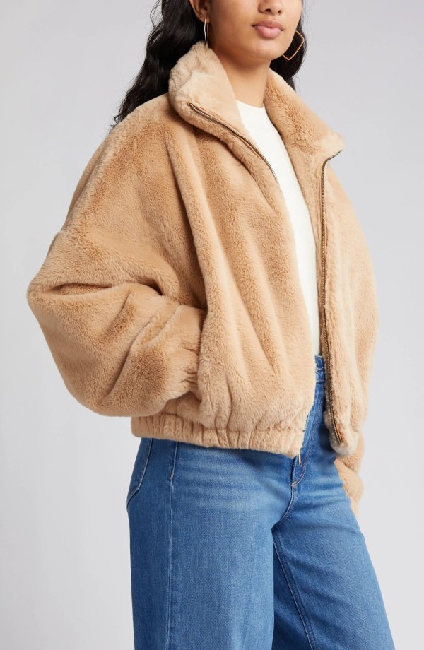 Stand Collar Faux Fur Bomber Jacket
