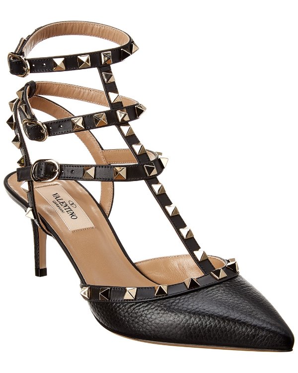 Rockstud Caged 65 Grainy Leather Ankle Strap Pump