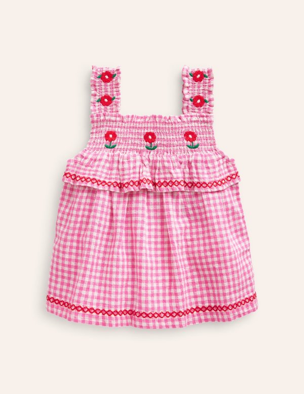 Embroidered Shirred TopPink Gingham
