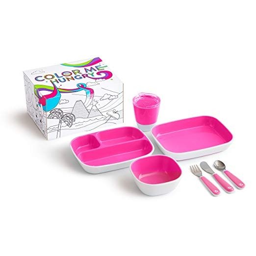 Color Me Hungry Splash 7pc Toddler Dining Set – Plate, Bowl, Cup, and Utensils in a Gift Box, Pink